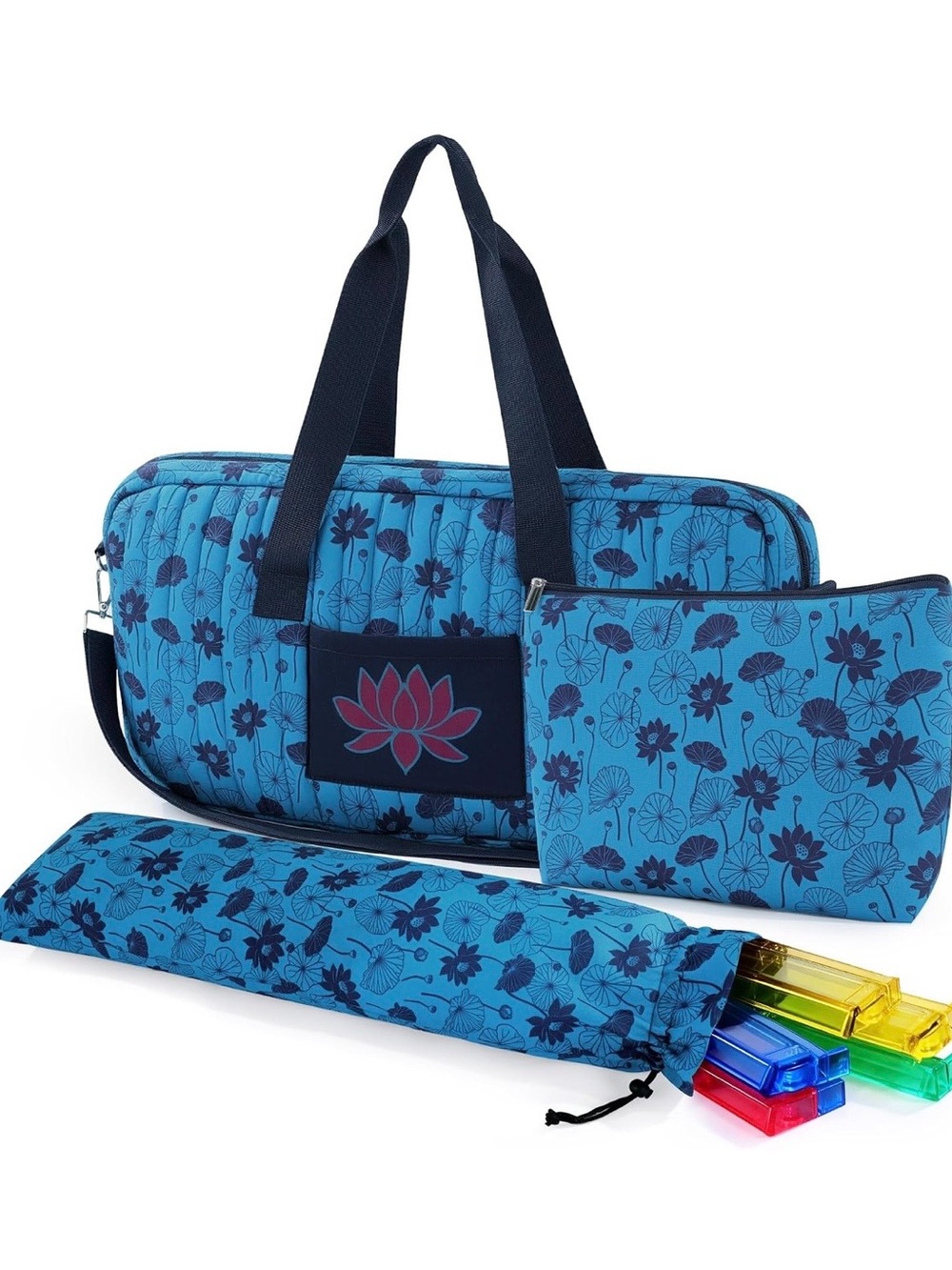Mahjong Blue Floral Lotus Tote Bag with Pouch and Sleeve